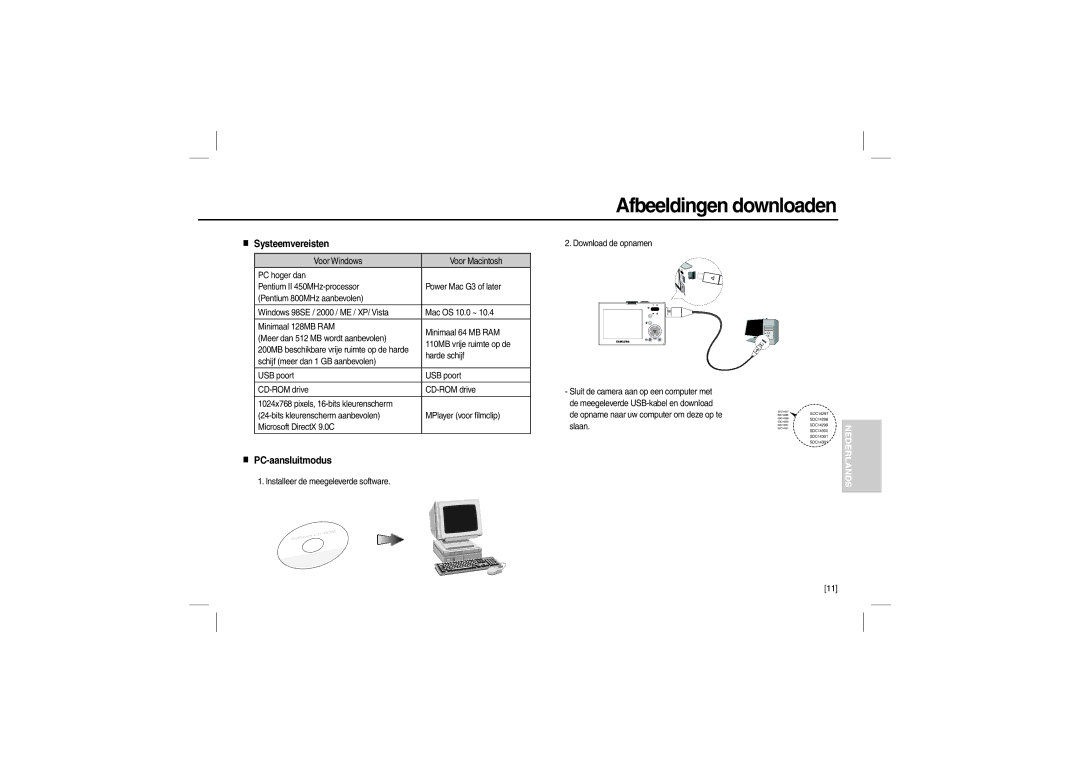 Samsung EC-M100ZBBA/E1, EC-M100ZSBB/FR, EC-M100ZSDB/E3 manual Afbeeldingen downloaden, Systeemvereisten, PC-aansluitmodus 