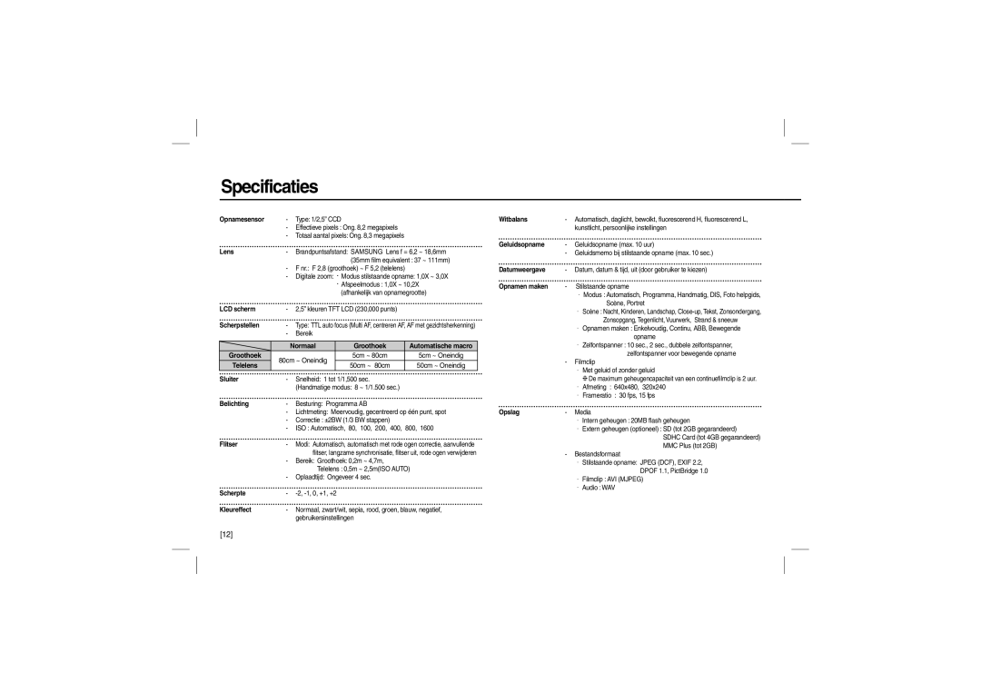 Samsung EC-M100ZSFE/E1, EC-M100ZSBB/FR, EC-M100ZSDB/E3, EC-M100ZSBC/FR, EC-M100ZSFC/FR Specificaties, Groothoek, 50cm ~ 80cm 