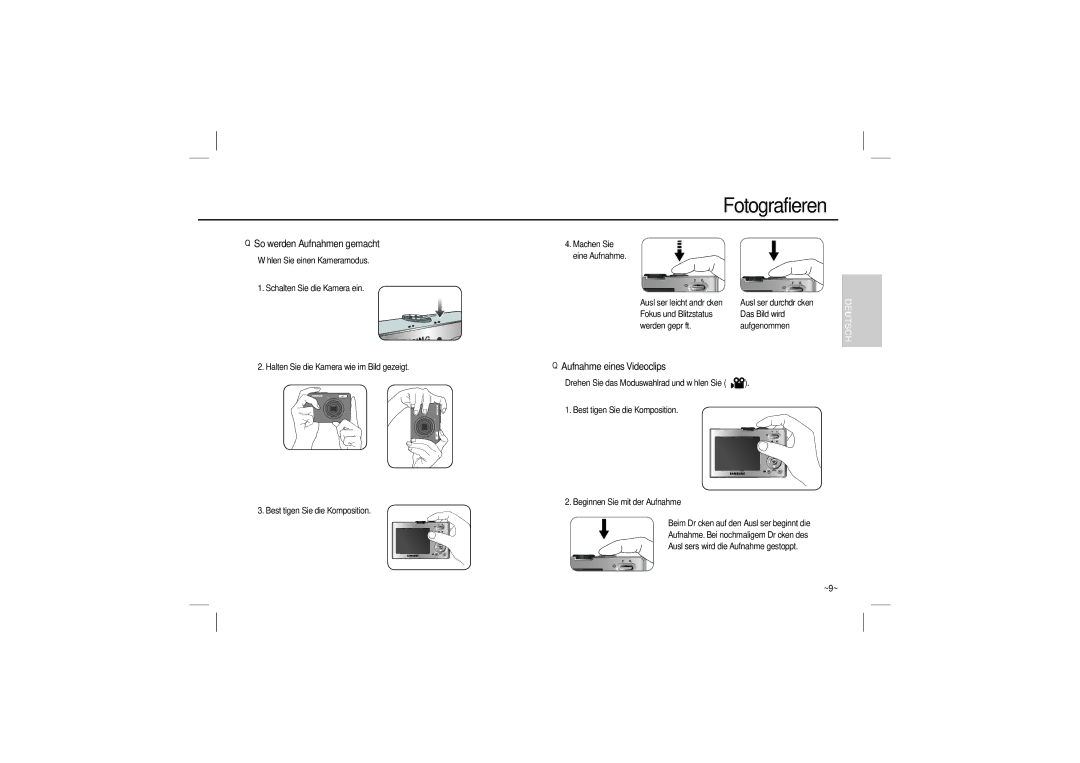 Samsung EC-M100ZSHB/E3, EC-M100ZSBB/FR manual Fotografieren, So werden Aufnahmen gemacht, Aufnahme eines Videoclips 