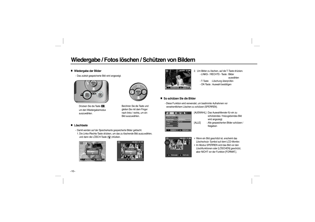 Samsung EC-M100ZSBB/FR manual Wiedergabe / Fotos löschen / Schützen von Bildern, Wiedergabe der Bilder, Löschtaste 