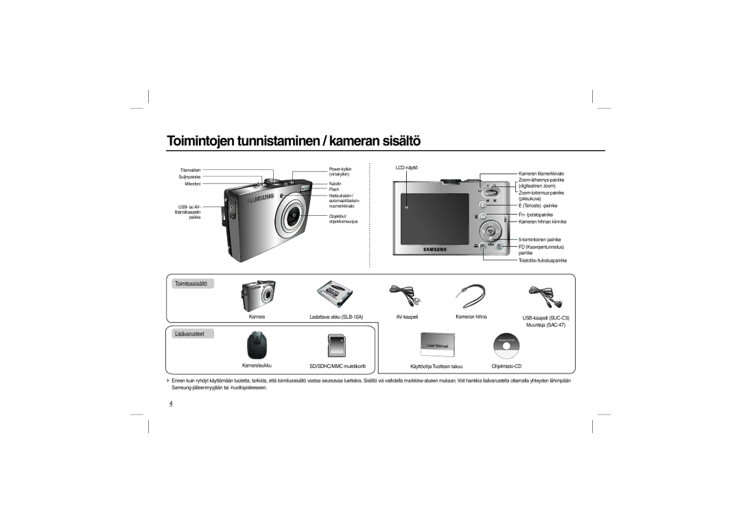 Samsung EC-M100ZBFE/E1, EC-M100ZSBB/FR, EC-M100ZSDB/E3 manual Toimintojen tunnistaminen / kameran sisältö, Toimitussisältö 