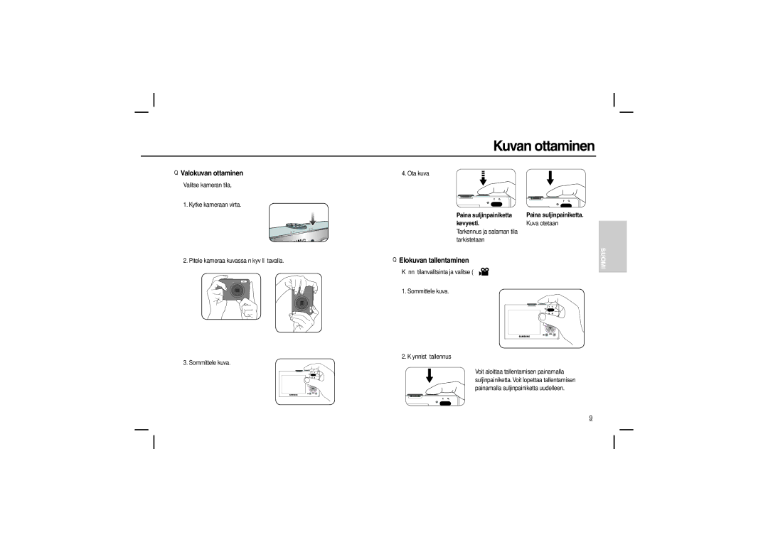 Samsung EC-M100ZSDD/AS manual Kuvan ottaminen, Valokuvan ottaminen, Elokuvan tallentaminen, Paina suljinpainiketta Kevyesti 