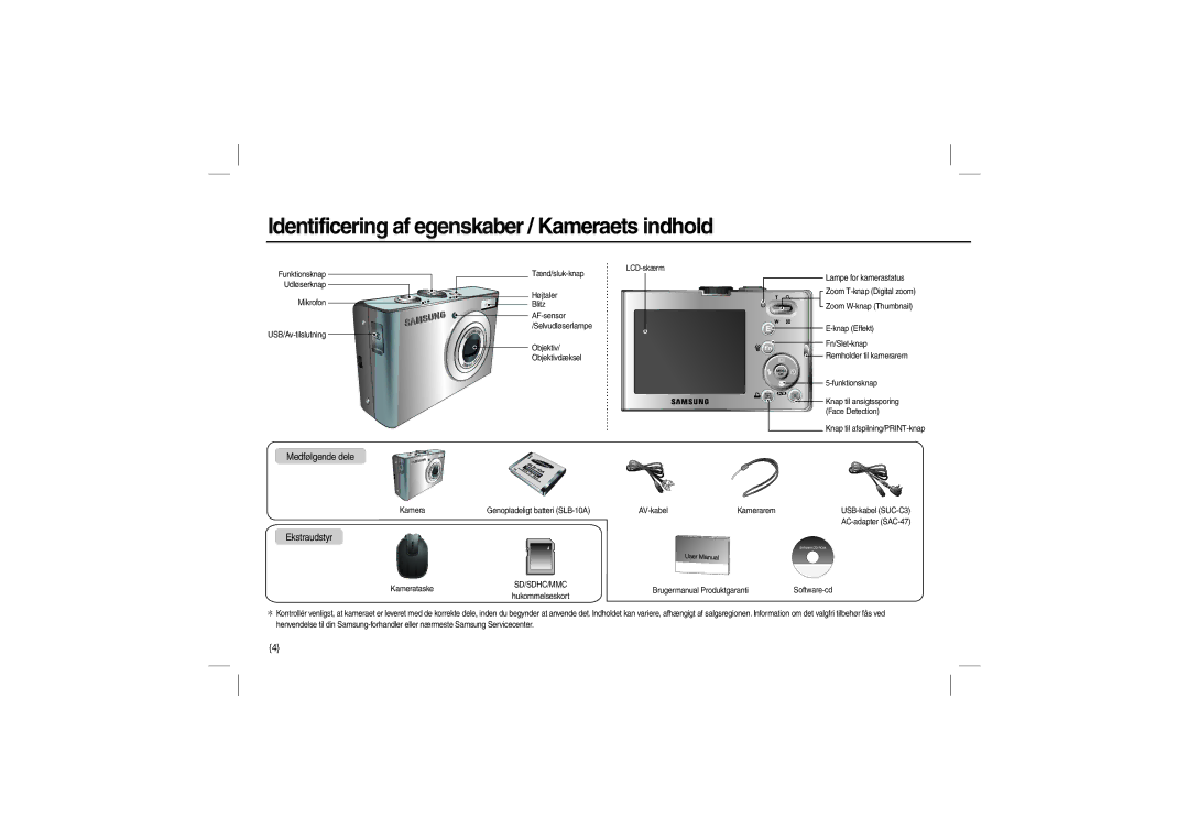 Samsung EC-M100ZSDD/AS, EC-M100ZSBB/FR Identificering af egenskaber / Kameraets indhold, Medfølgende dele, Ekstraudstyr 