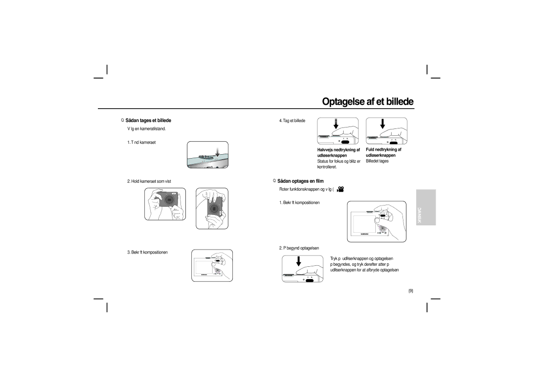Samsung EC-M100ZBBB/TR manual Optagelse af et billede, Sådan tages et billede, Sådan optages en film, Tag et billede 