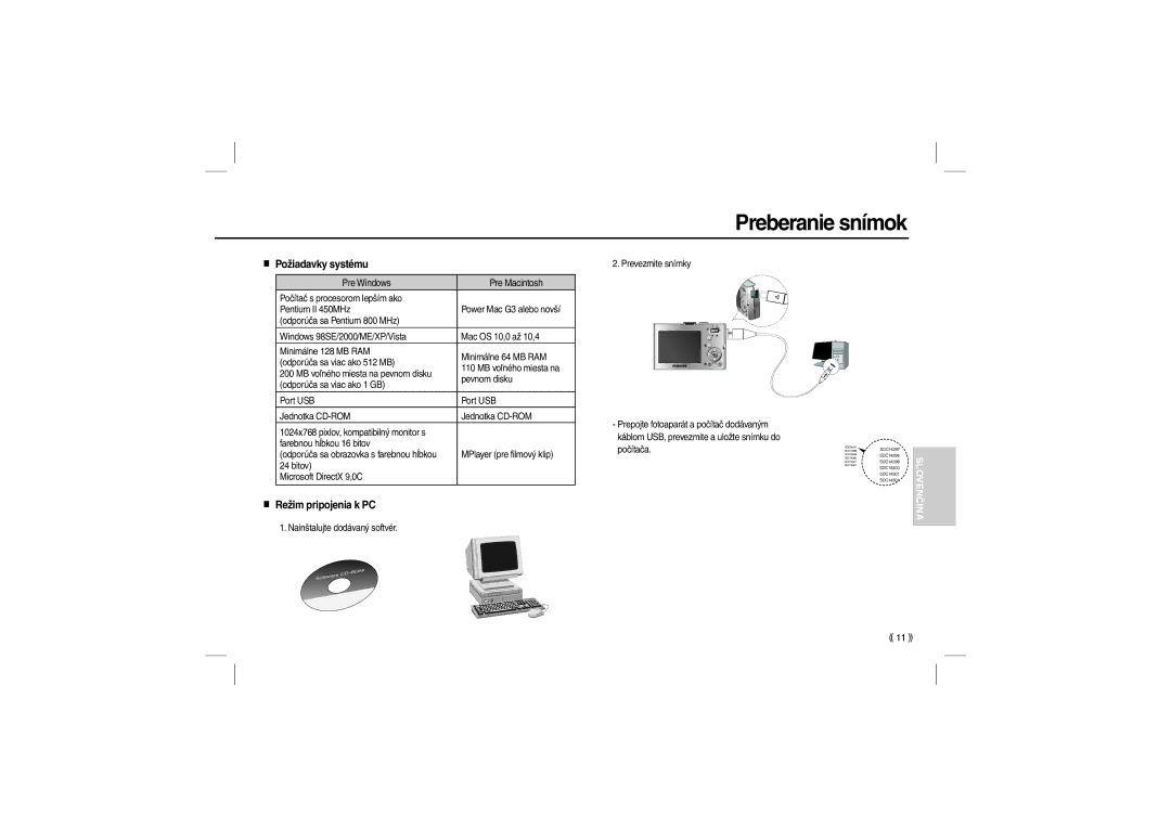 Samsung EC-M100ZSBB/FR, EC-M100ZSDB/E3, EC-M100ZSBC/FR manual Preberanie snímok, Požiadavky systému, Režim pripojenia k PC 