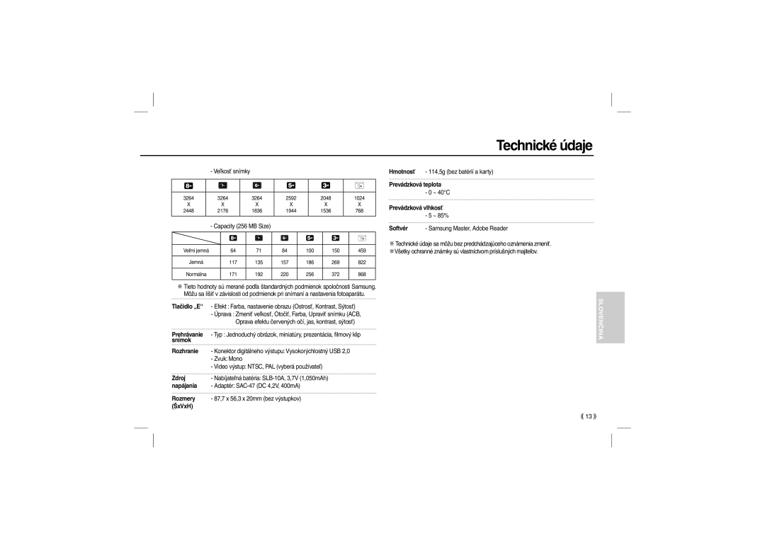 Samsung EC-M100ZSBC/FR Tlačidlo „E, Prehrávanie, Snímok Rozhranie, Zdroj, Napájania, Rozmery, ŠxVxH, Prevádzková teplota 