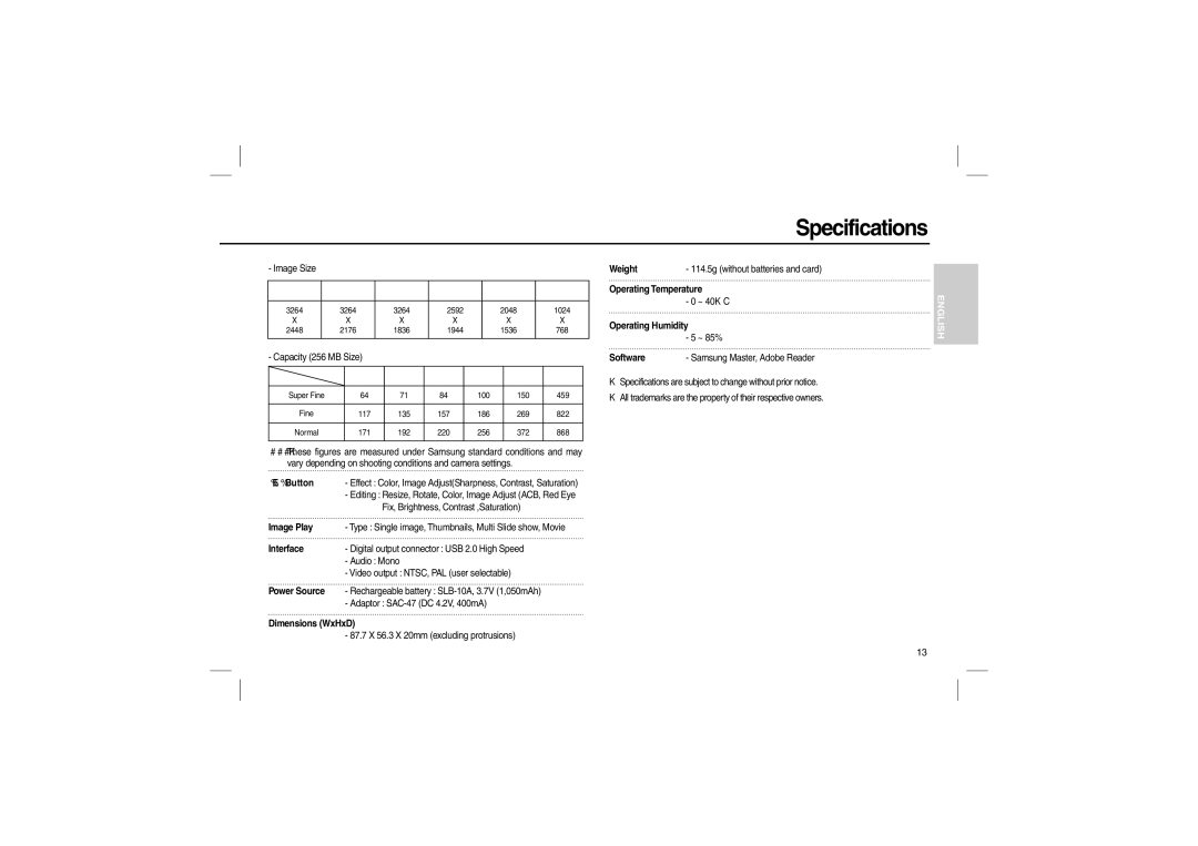 Samsung EC-M100ZSDE/AS manual Button, Image Play, Interface, Power Source, Dimensions WxHxD, Weight, Operating Temperature 