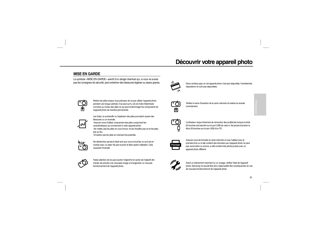 Samsung EC-M100ZRBA/E1, EC-M100ZSBB/FR, EC-M100ZSDB/E3, EC-M100ZSBC/FR, EC-M100ZSFC/FR manual Mise EN Garde, Correctement 