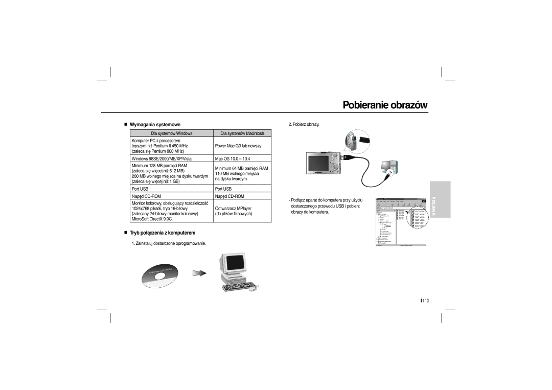 Samsung EC-M100ZBBB/RU, EC-M100ZSBB/FR manual Pobieranie obrazów, Wymagania systemowe, Tryb połączenia z komputerem 