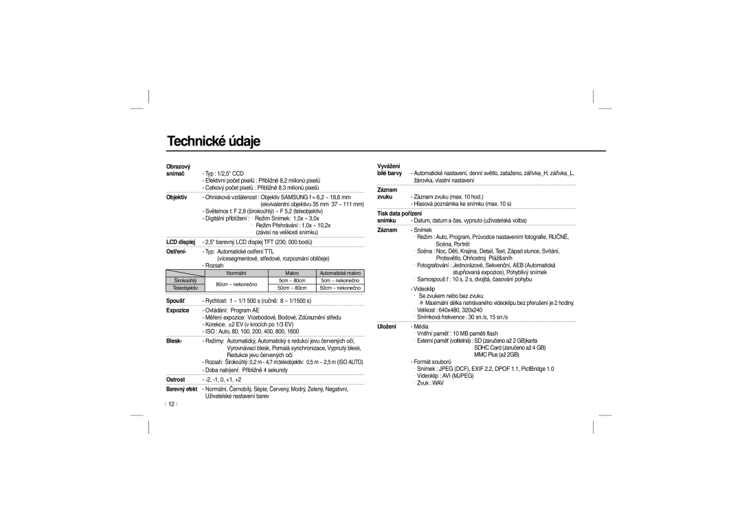 Samsung EC-M100ZSFE/E1, EC-M100ZSBB/FR, EC-M100ZSDB/E3, EC-M100ZSBC/FR, EC-M100ZSFC/FR, EC-M100ZSBF/E1 manual Technické údaje 