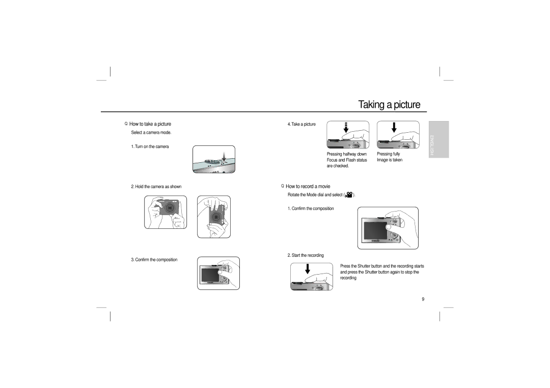 Samsung EC-M100ZBFE/E1, EC-M100ZSBB/FR, EC-M100ZSDB/E3 manual Taking a picture, How to take a picture, How to record a movie 