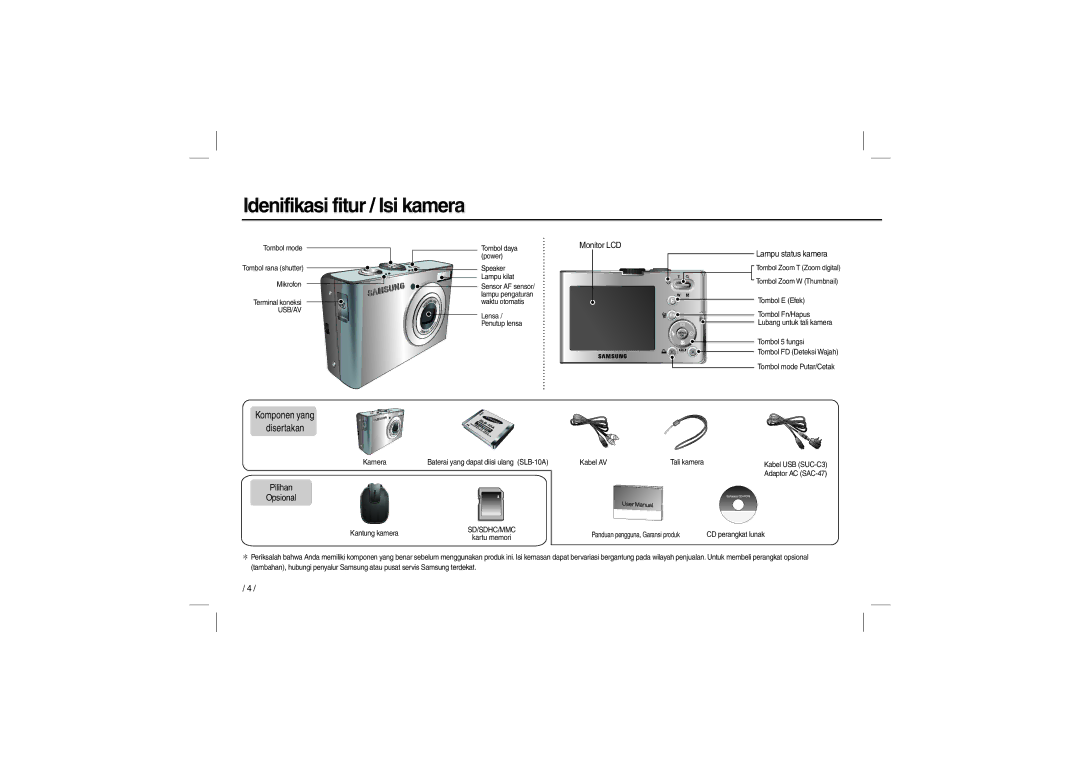 Samsung EC-M100ZSDD/AS, EC-M100ZSBB/FR, EC-M100ZSDB/E3 manual Idenifikasi fitur / Isi kamera, Komponen yang disertakan 