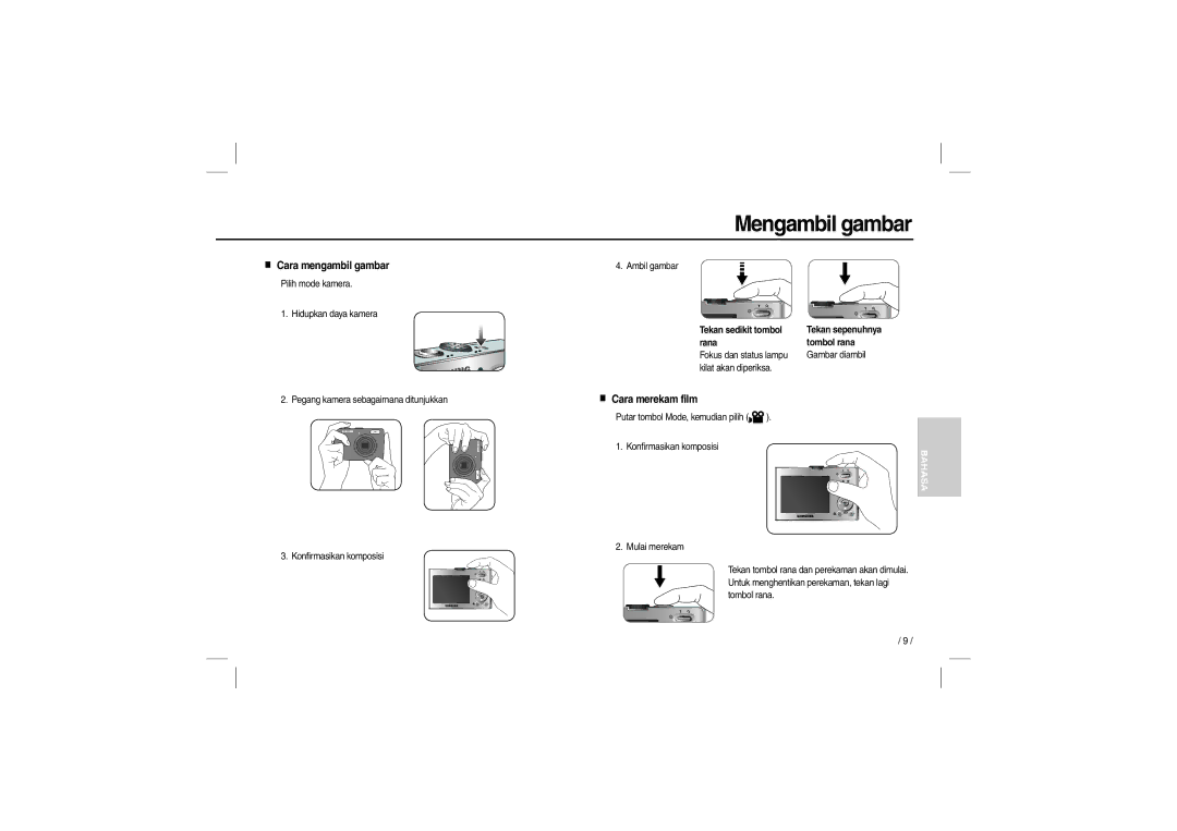 Samsung EC-M100ZBBB/TR, EC-M100ZSBB/FR, EC-M100ZSDB/E3 manual Mengambil gambar, Cara mengambil gambar, Cara merekam film 