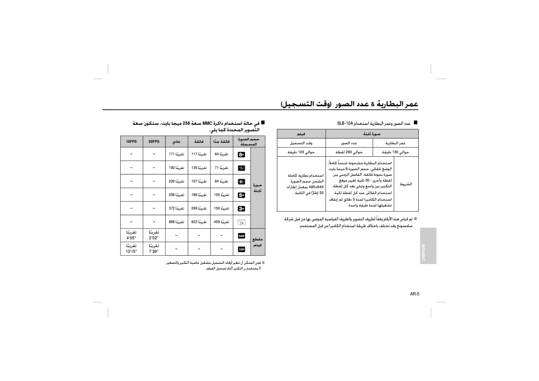 Samsung EC-M100ZBFB/IT manual ﻞﻴﺠﺴﺘﻟا ﺖﻗو رﻮﺼﻟا دﺪﻋ & ﺔﻳرﺎﻄﺒﻟا ﺮﻤﻋ, ةرﻮﺼﻟا ﻢﺠﺣ اﺪًﺟ ﺔﻘﺋﺎﻓ, يدﺎﻋ ﺔﻘﺋﺎﻓ ﺔﻠﺠﺴﻤﻟا, ﻊﻄﻘﻣ, ﻢﻠﻴﻓ 