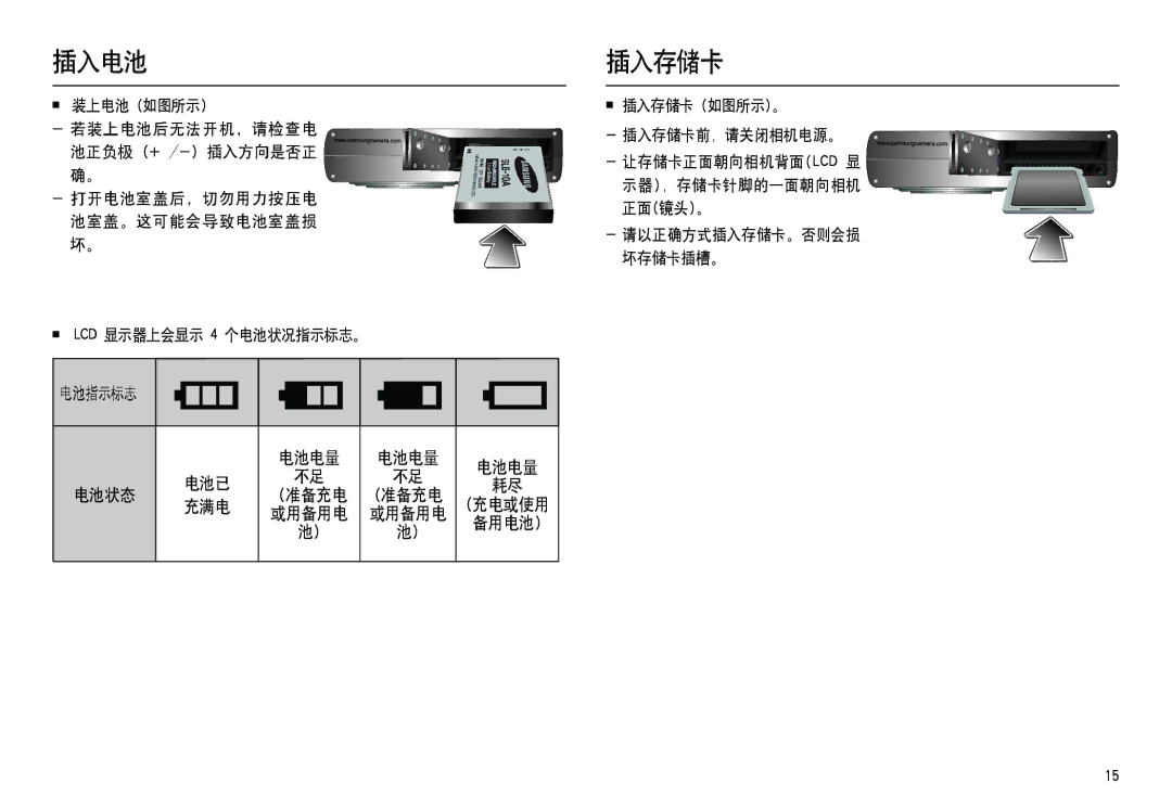 Samsung EC-M100ZSDB/E3, EC-M100ZSBB/FR, EC-M100ZSBF/E1, EC-M100ZSBE/E1, EC-M100ZSHB/E3 manual 插入电池, 插入存储卡, 电池已 电池状态 准备充电, 充满电 