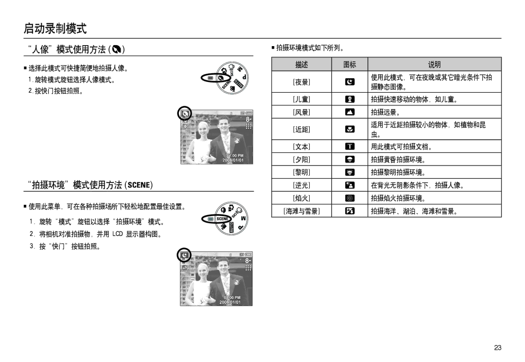 Samsung EC-M100ZSHB/E3, EC-M100ZSBB/FR, EC-M100ZSDB/E3, EC-M100ZSBF/E1, EC-M100ZSBE/E1 manual 人像模式使用方法, 拍摄环境模式使用方法 