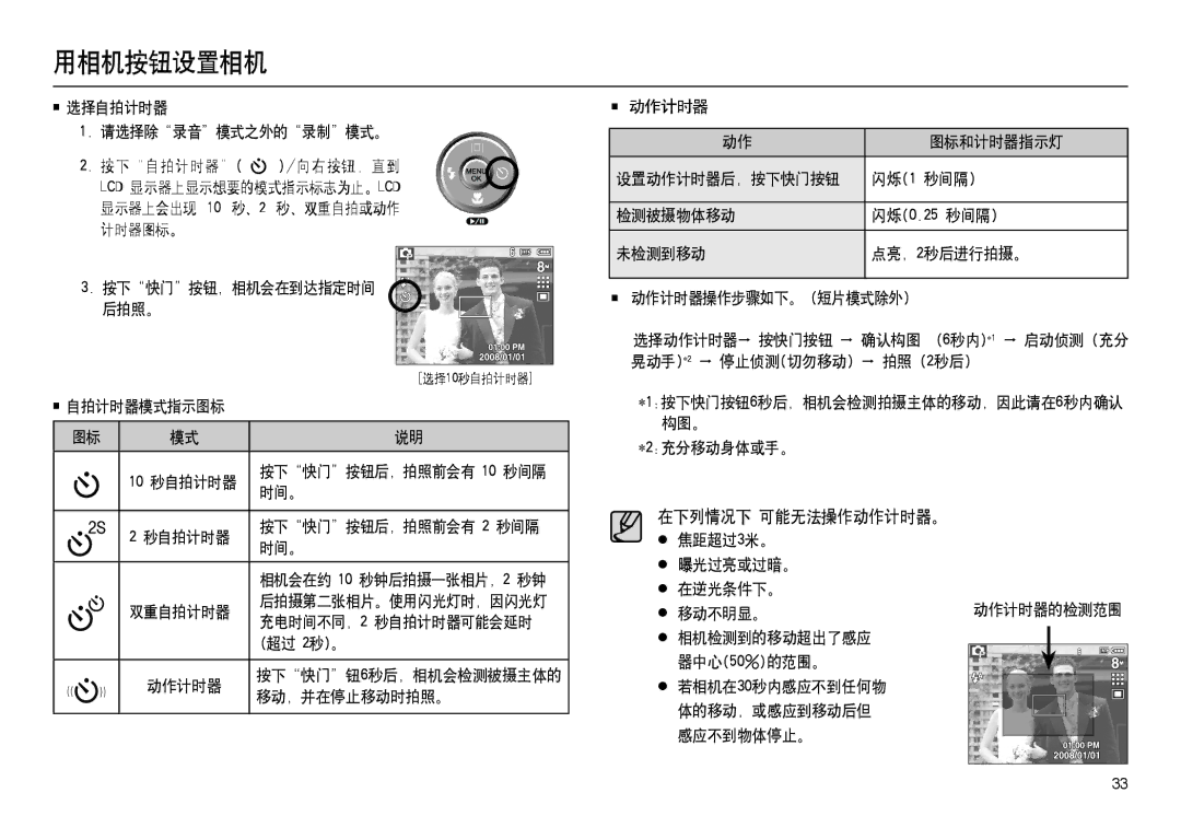 Samsung EC-M100ZSHB/E3 在下列情况下 可能无法操作动作计时器。, 选择自拍计时器 请选择除录音模式之外的录制模式。, 按下快门按钮，相机会在到达指定时间 后拍照。,  相机检测到的移动超出了感应 器中心50%的范围。 