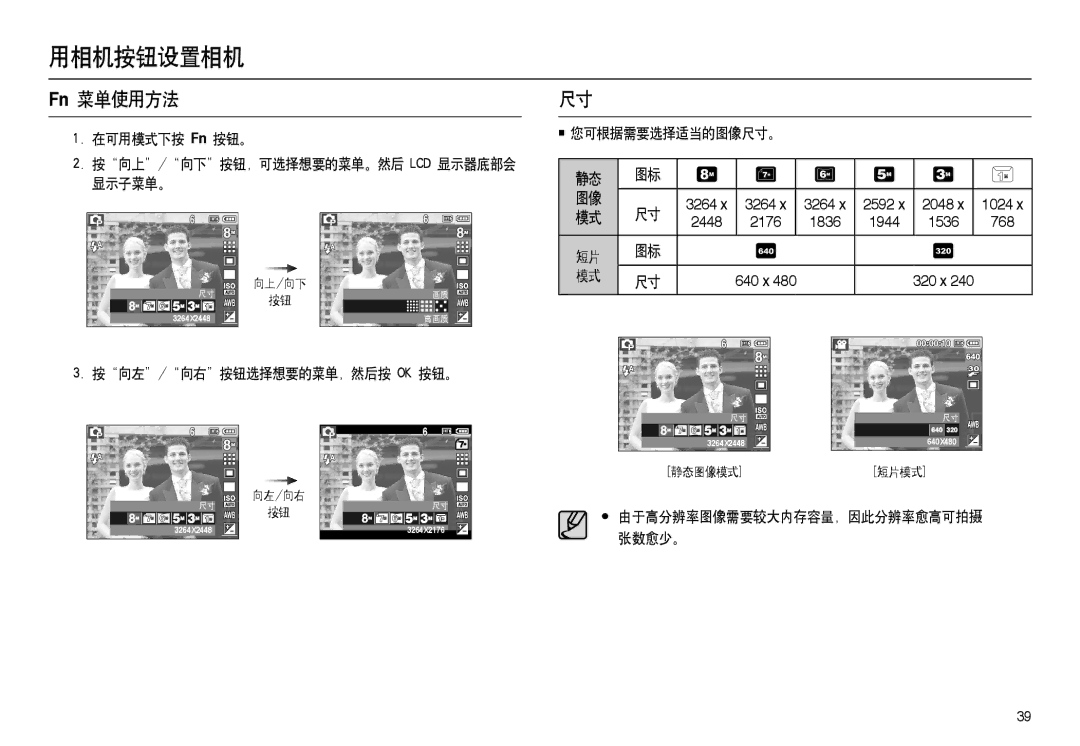 Samsung EC-M100ZSBB/FR manual Fn 菜单使用方法, 在可用模式下按 Fn 按钮。 按向上/向下按钮，可选择想要的菜单。然后 LCD 显示器底部会 显示子菜单。, 您可根据需要选择适当的图像尺寸。, 张数愈少。 