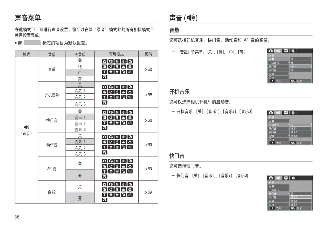 Samsung EC-M100ZSHB/E3, EC-M100ZSBB/FR, EC-M100ZSDB/E3, EC-M100ZSBF/E1, EC-M100ZSBE/E1 manual 声音菜单, 声音 , 开机音乐, 快门音 