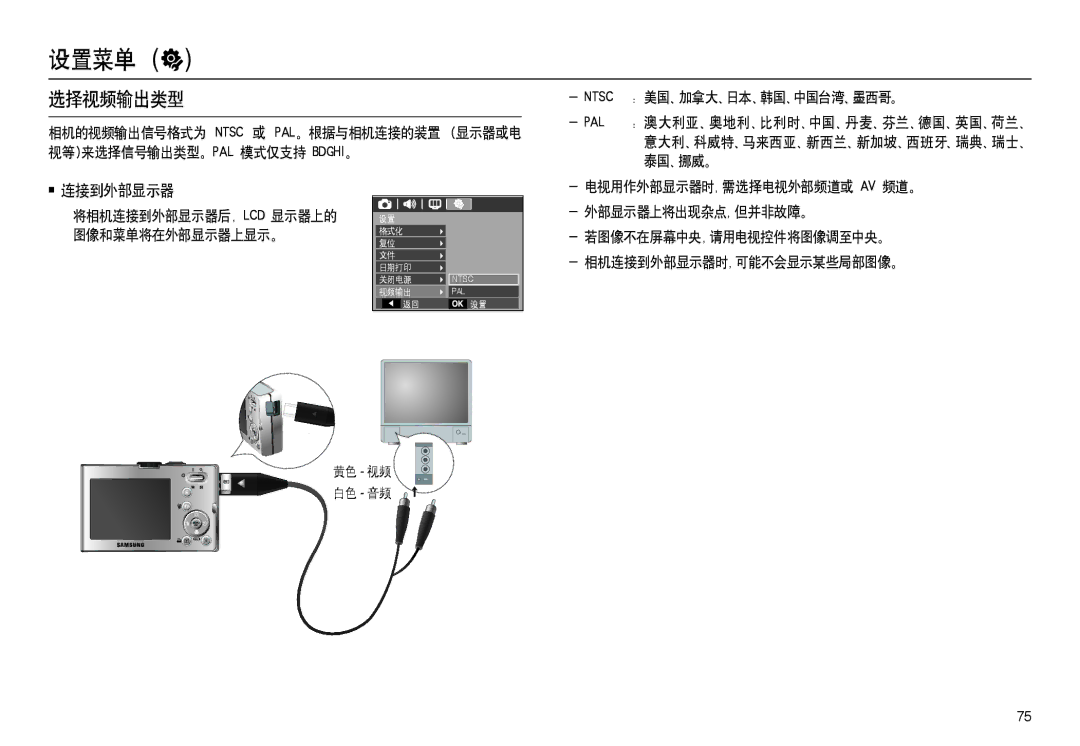 Samsung EC-M100ZSDB/E3, EC-M100ZSBB/FR manual 选择视频输出类型, 连接到外部显示器, 美国、加拿大、日本、韩国、中国台湾、墨西哥。, 泰国、挪威。, 外部显示器上将出现杂点，但并非故障。 