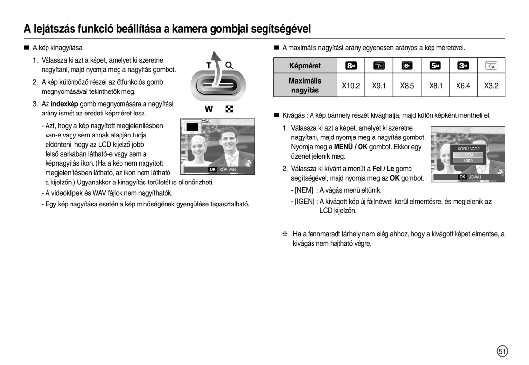 Samsung EC-M100ZSBF/E1 Lejátszás funkció beállítása a kamera gombjai segítségével, Képméret Maximális, X8.1, Nagyítás 