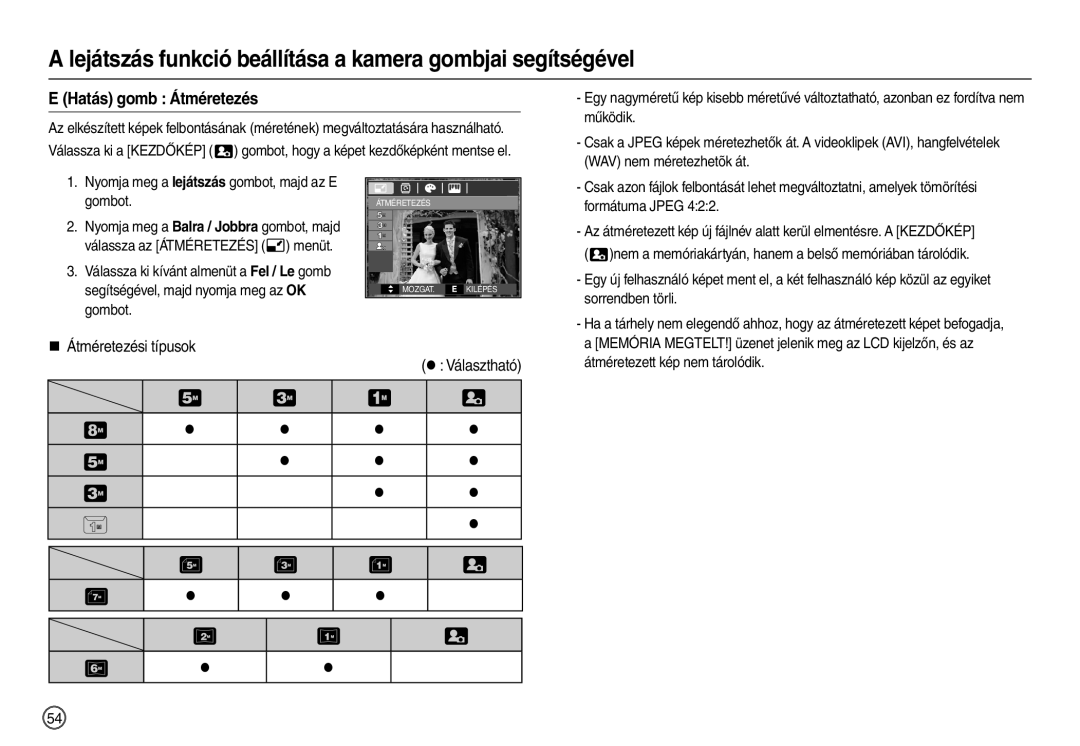 Samsung EC-M100ZSBB/FR, EC-M100ZSDB/E3, EC-M100ZSBF/E1, EC-M100ZSBE/E1 manual Hatás gomb Átméretezés, „ Átméretezési típusok 