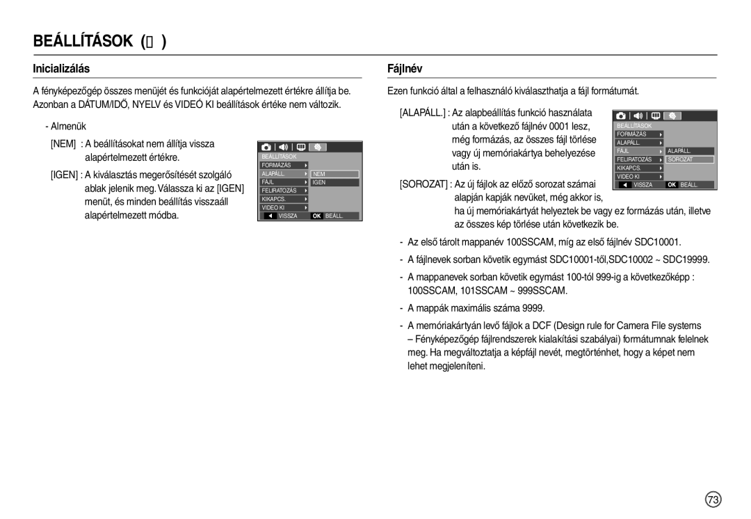 Samsung EC-M100ZSHB/E3, EC-M100ZSBB/FR, EC-M100ZSDB/E3, EC-M100ZSBF/E1, EC-M100ZSBE/E1 manual Inicializálás, Fájlnév 