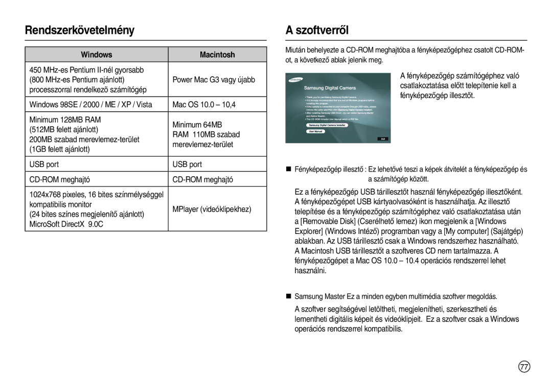 Samsung EC-M100ZSBE/E1, EC-M100ZSBB/FR, EC-M100ZSDB/E3, EC-M100ZSBF/E1 Rendszerkövetelmény, Szoftverről, Windows Macintosh 