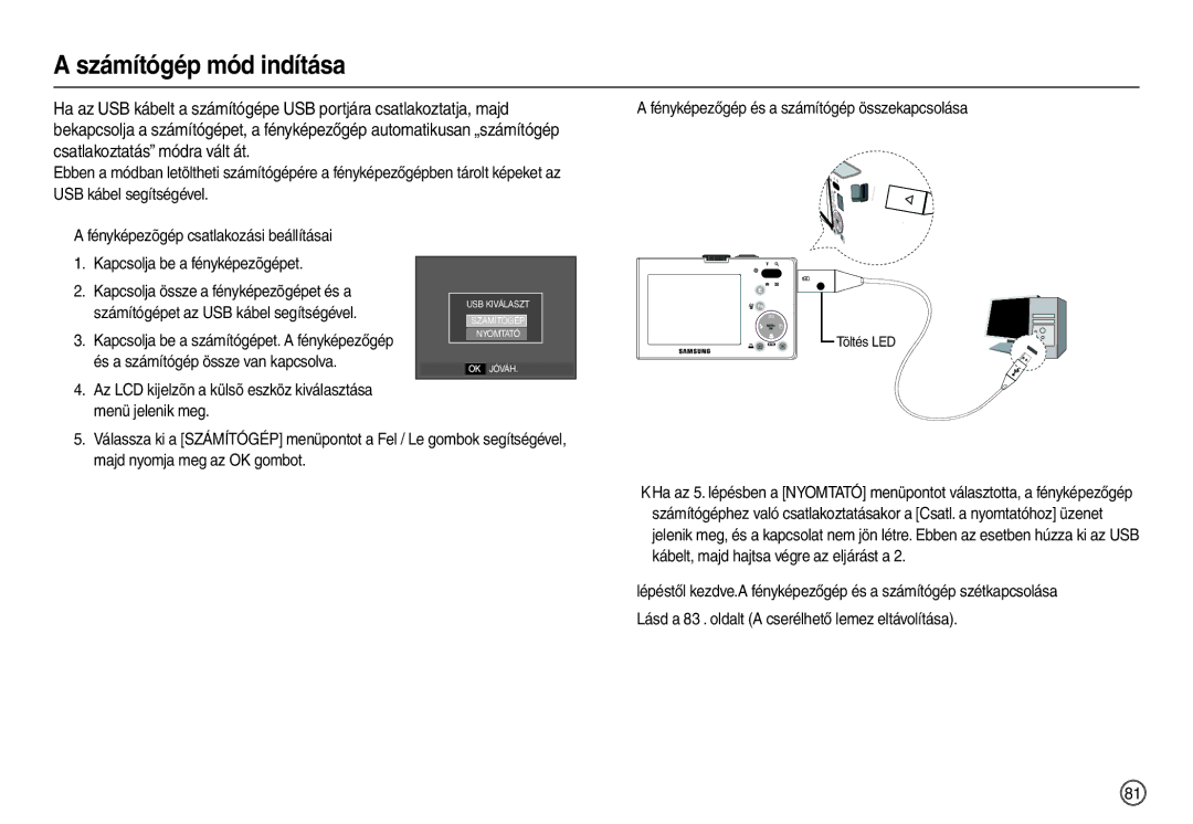 Samsung EC-M100ZSBF/E1 manual Számítógép mód indítása, Az LCD kijelzõn a külsõ eszköz kiválasztása menü jelenik meg 