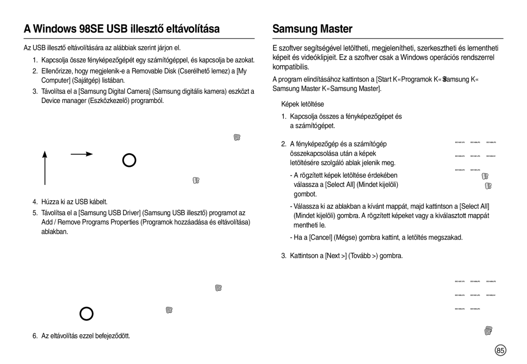 Samsung EC-M100ZSDB/E3, EC-M100ZSBB/FR, EC-M100ZSBF/E1 manual Windows 98SE USB illesztő eltávolítása, Samsung Master 