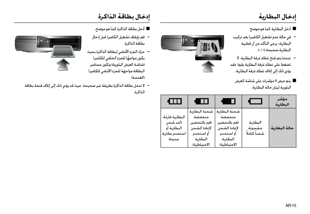 Samsung EC-M100ZSBF/E1, EC-M100ZSDE/AS manual ةﺮﻛاﺬﻟا ﺔﻗﺎﻄﺑ لﺎﺧدإ ﺔﻳرﺎﻄﺒﻟا لﺎﺧدإ, ﺢﺿﻮﻣ ﻮﻫ ﺎﻤﻛ ةﺮﻛاﺬﻟا ﺔﻗﺎﻄﺑ ﻞﺧدأ Q, ﺔﺳﺪﻌﻟا 