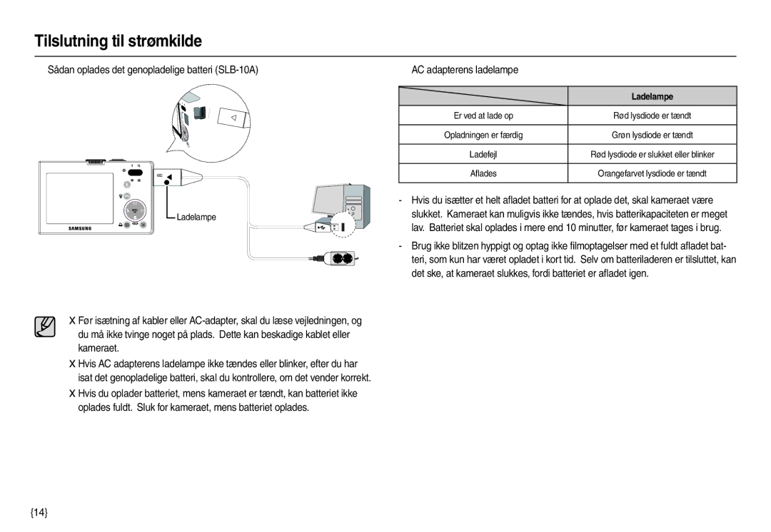 Samsung EC-M100ZSBB/E2 manual „ Sådan oplades det genopladelige batteri SLB-10A, „ AC adapterens ladelampe, Ladelampe 