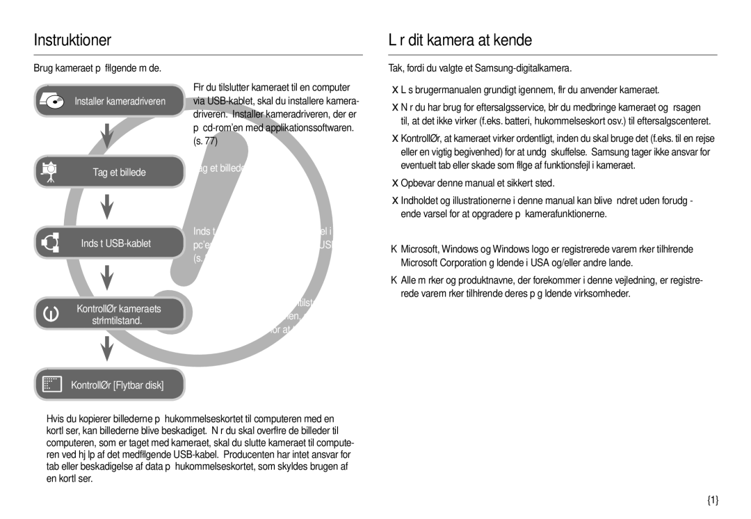 Samsung EC-M100ZSDB/E3, EC-M100ZSBB/E2 manual Instruktioner Lær dit kamera at kende, Brug kameraet på følgende måde 