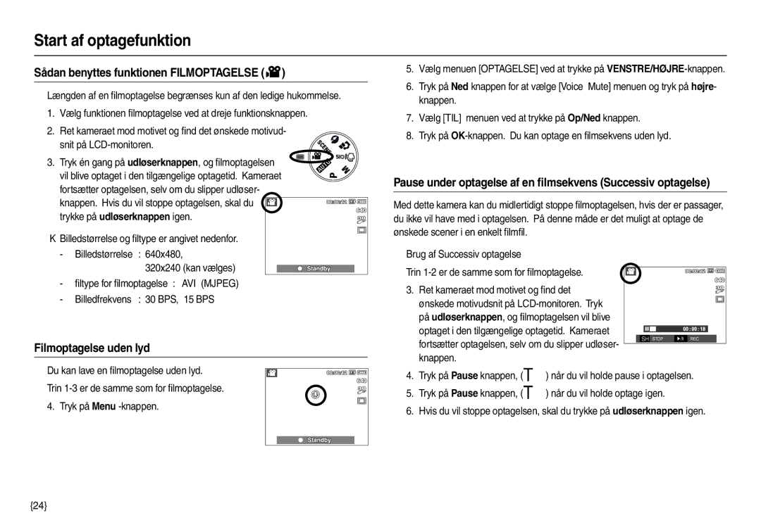 Samsung EC-M100ZSBB/E2, EC-M100ZSDB/E3 manual Sådan benyttes funktionen Filmoptagelse, Filmoptagelse uden lyd 