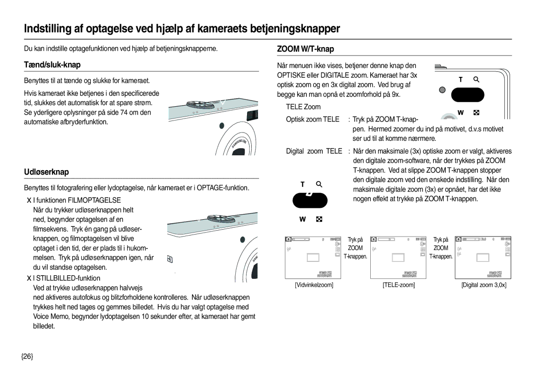 Samsung EC-M100ZSBB/E2, EC-M100ZSDB/E3 manual Tænd/sluk-knap, Udløserknap, Zoom W/T-knap 