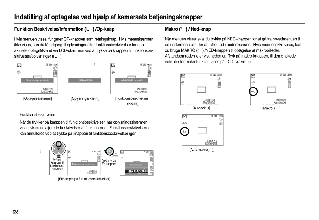 Samsung EC-M100ZSBB/E2 manual Funktion Beskrivelse/Information  /Op-knap, Makro  / Ned-knap, „ Funktionsbeskrivelse 