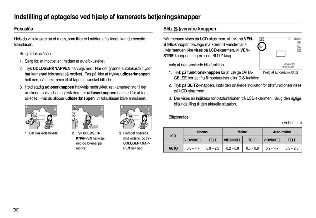 Samsung EC-M100ZSBB/E2, EC-M100ZSDB/E3 manual Fokuslås, Blitz /venstre-knappen, Knappen halvvejs, Normal Makro Auto-makro 