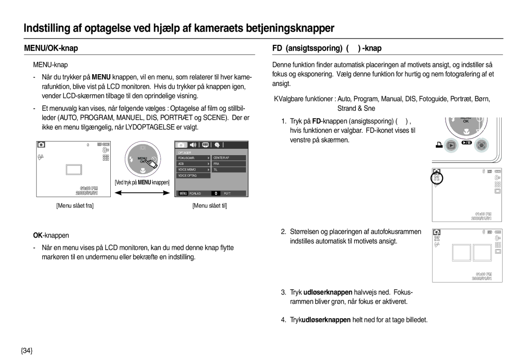 Samsung EC-M100ZSBB/E2, EC-M100ZSDB/E3 manual MENU/OK-knap, FD ansigtssporing  -knap, „ MENU-knap, „ OK-knappen 