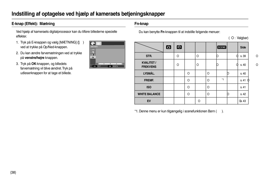 Samsung EC-M100ZSBB/E2 manual Knap Effekt Mætning, Fn-knap, Denne menu er kun tilgængelig i scenefunktionen Børn  