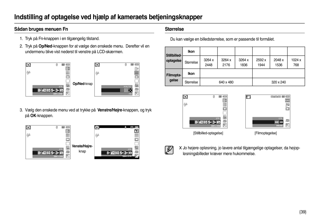 Samsung EC-M100ZSDB/E3 Sådan bruges menuen Fn, Størrelse, Tryk på Fn-knappen i en tilgængelig tilstand, Op/Ned-knap, Gelse 