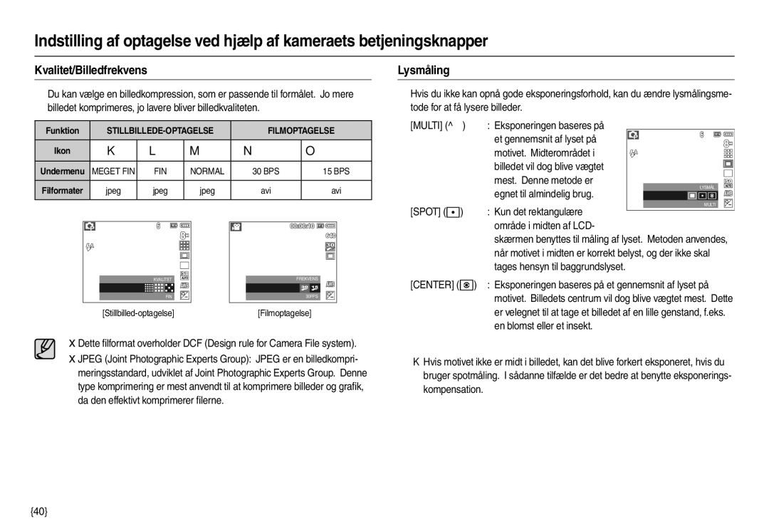 Samsung EC-M100ZSBB/E2, EC-M100ZSDB/E3 manual Kvalitet/Billedfrekvens, Lysmåling 