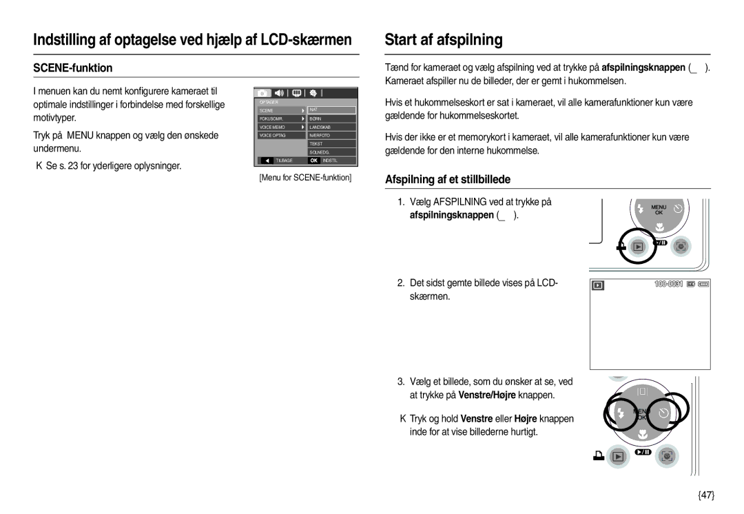 Samsung EC-M100ZSDB/E3, EC-M100ZSBB/E2 manual Start af afspilning, SCENE-funktion, Afspilning af et stillbillede 