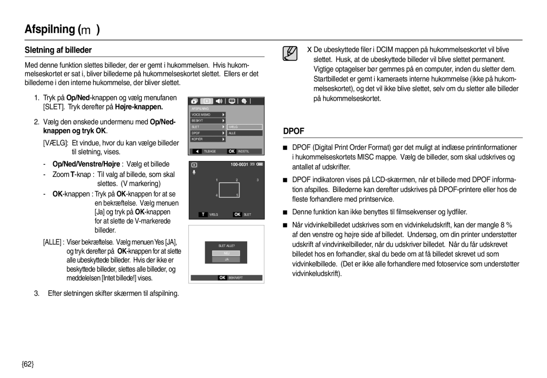 Samsung EC-M100ZSBB/E2, EC-M100ZSDB/E3 manual Sletning af billeder, Knappen og tryk OK 