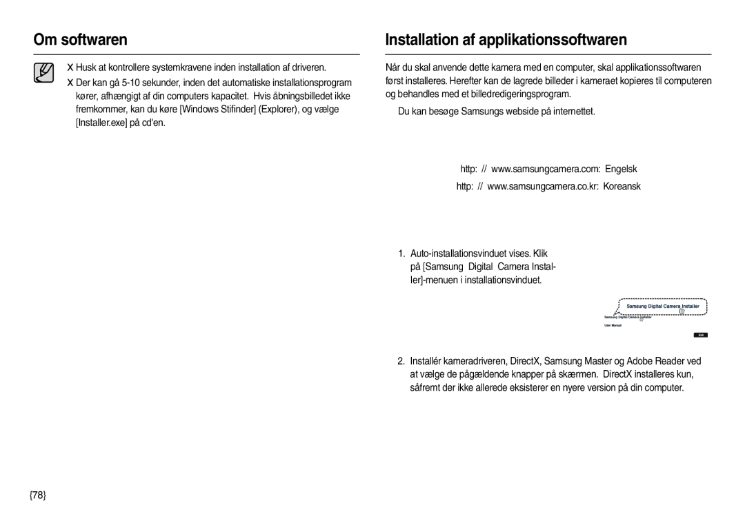 Samsung EC-M100ZSBB/E2 manual Installation af applikationssoftwaren, „ Du kan besøge Samsungs webside på internettet 