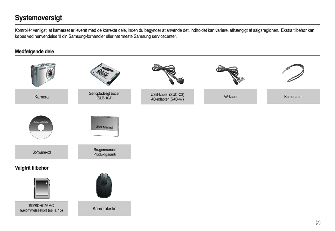 Samsung EC-M100ZSDB/E3, EC-M100ZSBB/E2 manual Systemoversigt, Medfølgende dele, Valgfrit tilbehør, Kamerataske 