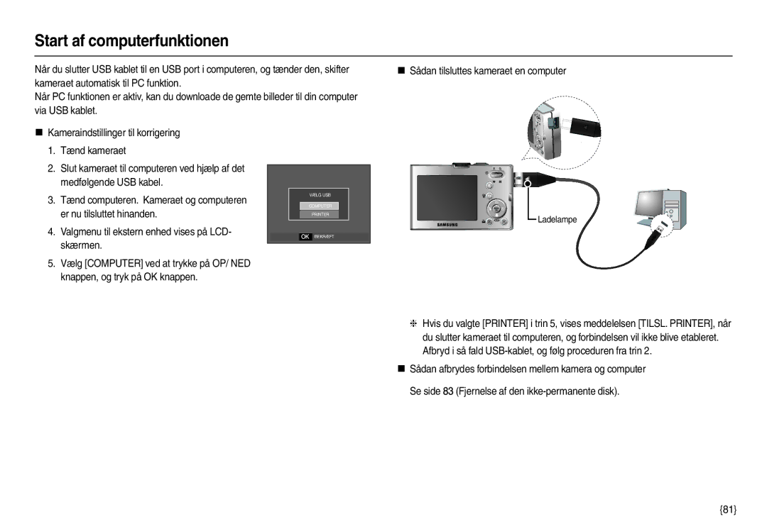 Samsung EC-M100ZSDB/E3, EC-M100ZSBB/E2 manual Start af computerfunktionen 