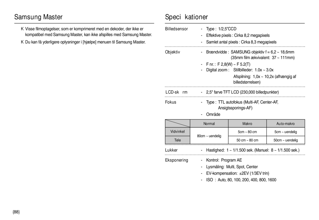 Samsung EC-M100ZSBB/E2, EC-M100ZSDB/E3 manual Samsung Master Speciﬁkationer, Objektiv, LCD-skærm, Fokus, Lukker 