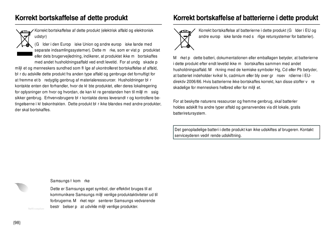 Samsung EC-M100ZSBB/E2, EC-M100ZSDB/E3 manual Korrekt bortskaffelse af dette produkt, Samsungs økomærke 