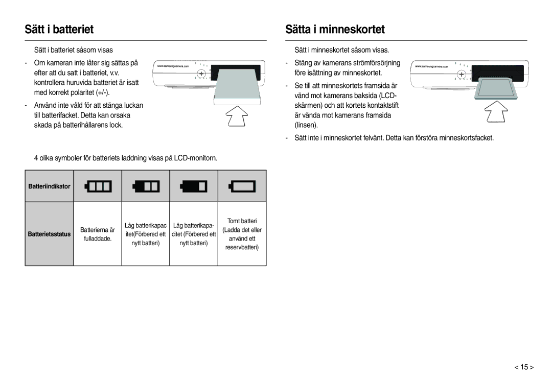 Samsung EC-M100ZSDB/E3 manual Sätta i minneskortet, „ Sätt i batteriet såsom visas, „ Sätt i minneskortet såsom visas 