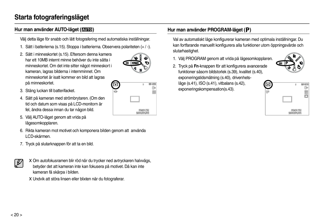 Samsung EC-M100ZSBB/E2 manual Starta fotograferingsläget, Hur man använder AUTO-läget, Hur man använder PROGRAM-läget 